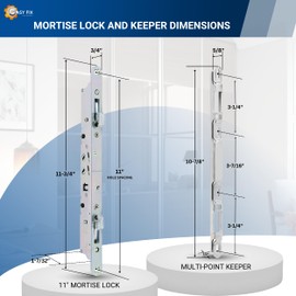11" Multi-Point Mortise Lock with Face Plate and Keeper for Sliding Patio Glass Door | Two Point Keeper for Mortise Lock for Patio Sliding Door | (11" Mortise Lock and Keeper) - Stainless Steel