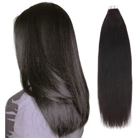 ABH AMAZINGBEAUTY HAIR Tape in Yaki Hair Extensions Human Hair Semi-permanent Tape for Black Women Real Human Hair Natural Black 50 Gram 20pcs, 22 Inch