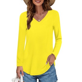 Elesomo Womens Tops Cotton Casual Long Sleeve V Neck T Shirts Solid Tshirt, Yellow S