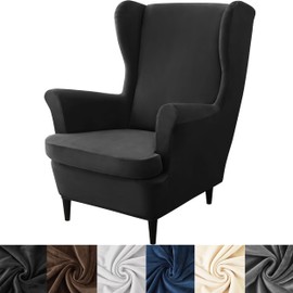 HFCNMY Wingback Chair Covers, 2 Piece Stretch Velvet Wingback Chair Slipcover-Thick Wing Back Chair Covers with Arms-Wing Chair Slipcover-Wing Back Chair Slipcovers with Elastic Bottom Black