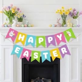 Adurself Happy Easter Burlap Look Fabric Banner, Pre-Assembled Canvas “HAPPY EASTER” Bunting Garland for Spring Party Decor, Easter Egg Hunt, Home, Classroom & Office
