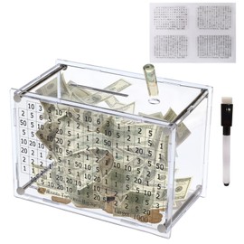 Clear Piggy Bank for Adults, Acrylic Money Saving Challenge Box ($1000/$3000/$5000/$10000), Money Bank for Cash Coin (1, 7.4"x5.1"x3.9")