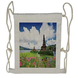 Ambesonne Exotic Drawstring Backpack, Bali Tropic Flowers Sea, Sackpack Bag