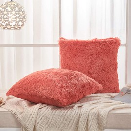 JAUXIO Set of 2 Long Faux Fur Soild Decorative Pillowcase Fluffy Throw Pillow Cover Velvet Shaggy Plush Cushion Case for Couch (Coral Orange, 18"X18")