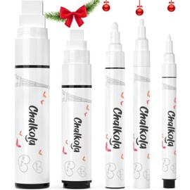 Chalkola 5 White Chalk Markers for Chalkboard Signs, Blackboard, Car Window, Bistro, Glass | 5 Variety Pack - Thin, Fine Tip, Bold & Jumbo Size Erasable Liquid Chalk Pens (1mm, 3mm, 6mm, 10mm, 15mm)