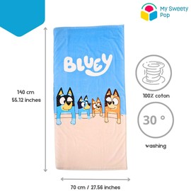 My sweety pop - Bluey Beach Towel - Bath Towel - Child - 70 x 140 cm - 100% Cotton - Holiday - Gift Idea - Bluey - Blue/Sand - Dog - Fox