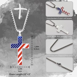 Ironkoi Cross Necklace for Men: 18+2 Inch Stainless Steel American Flag Pendant Chain with Bible Verse - Christian Gifts for Men, Mens Jewelry, Baptism Gifts