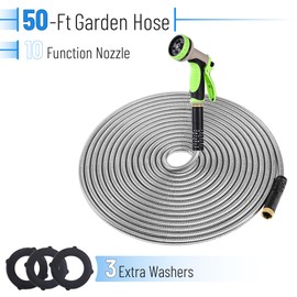 UNCO- Stainless Steel Garden Hose 50 ft, Stainless Steel Hose with 10 Functions Spray Nozzle, Silver Metal Hose 50 ft, No Kink Garden Hose 50 Feet