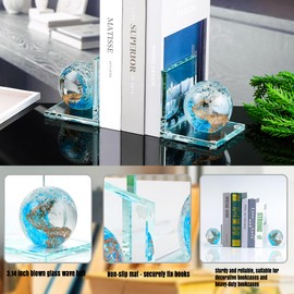 Book Ends for Shelves, Glass Bookends with Light Blue Glass Hand Blown Sea Wave Ball, Non Skid Sturdy Decorative Bookends for Ocean Lovers, Heavy Books, Office, Set of 2