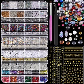 Nail Charms and Gems, Charms for Nails Design Kit with 30 Sheets Flower Nail Stickers, 6 Boxes 3D Nail Charms Colorful Clear Flatback Rhinestones Pearls,Diamonds,Picker Tools,Rhinestone Stickers
