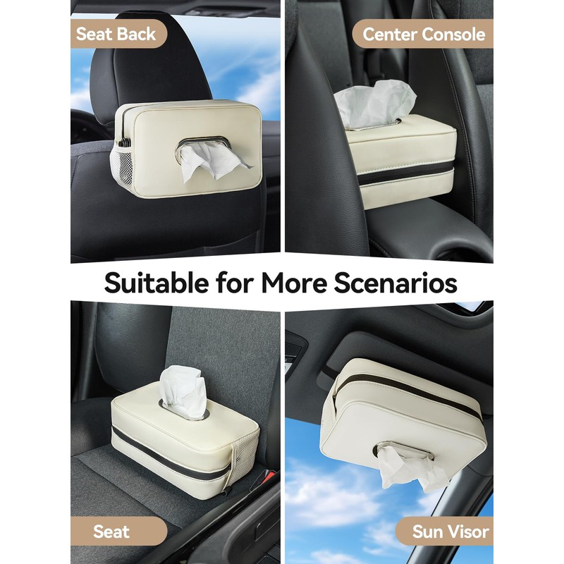 Multi-Functional Car Tissue Holder with ‌2 Storage Nets, Upgraded PU