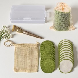 BS-MALL Gentle Reusable Cotton Rounds for Face & Eye Makeup Remover Pads 20 Pcs, Facial Mask Brush & Foundation Brush- Multi-Functional Travel-Friendly Skincare Set with Storage Box & Washable Bag