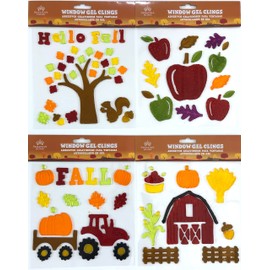 Fall Gel Window Clings: Welcoming Colorful Autumn Tree with Harvest Apples Pumpkins Wheat Corn Red Barn and Tractor (Fall Harvest)