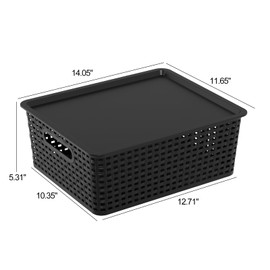 Xowine 6 Packs Plastic Woven Storage Basket with Lids, Lidded Storage Basket Bin for Shelves, 14.05" L x 11.65" W x 5.31" H, Black