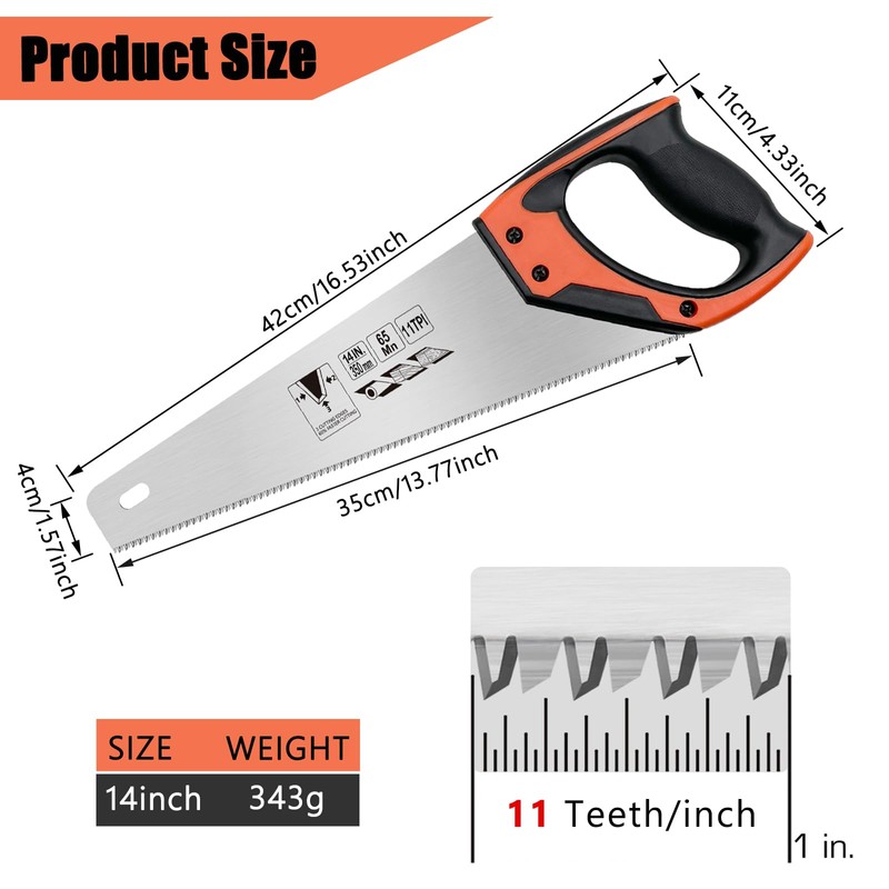 14 Inch Wood Hand Saw, Non-Slip Ergonomic Handle Rustproof Wood