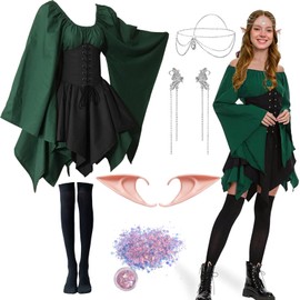 Traditional Irish Dress for Women, Medieval Renaissance Elf Costume, Victorian Gothic Vintage Dress with Elf Ears, Hair Accessories, Ear Clips, Overknee Socks (S)