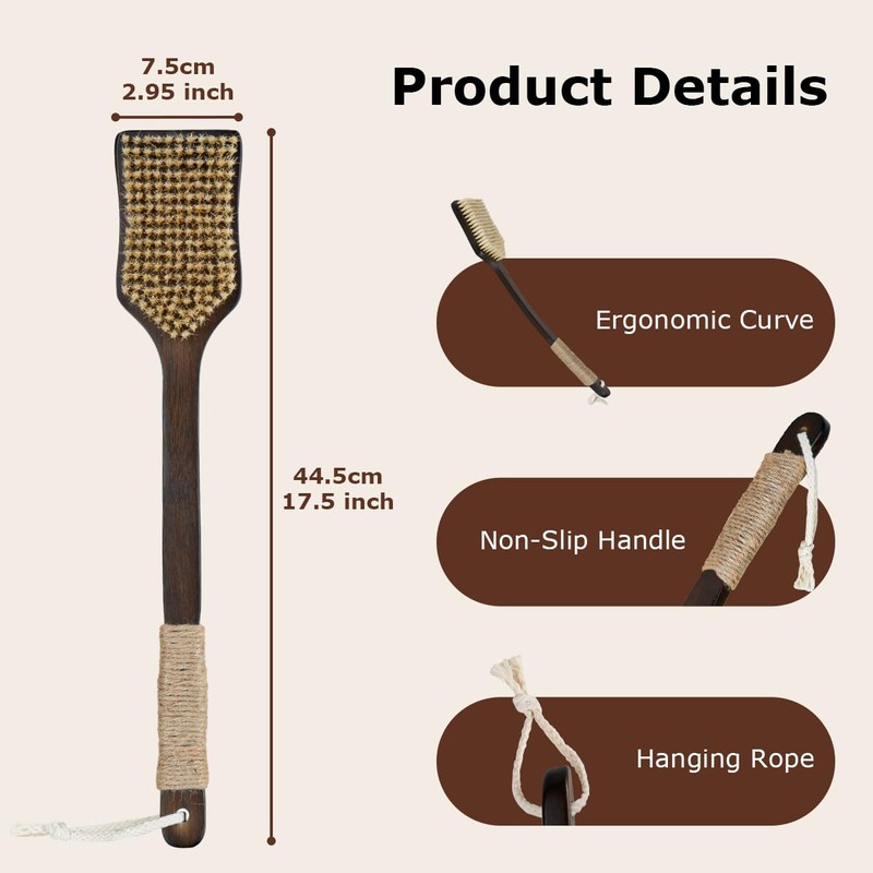 Shower Back Scrubber with Curved Long Handle Medium-Hard Natural Boar