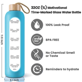 PROBTTL 32 Oz Borosilicate Glass Water Bottle with Time Marker Reminder Quotes, 1 Liter Leak Proof Reusable BPA Free Motivational Water Bottles with Silicone Sleeve and Bamboo Lid (Sky Blue)