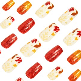 24 Pcs Fall Press on Nails Short Square Shaped Fake Nails Red Maple Leaf Stick on Nails Designs Full Cover Artificial Nails Glitter Autumn False Nails for Women Nail Art Manicure