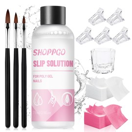 SHOPPGO Slip Solution Polygel, Poly Gel Slip Solution Nail Kit, Polygel Nail Liquid Slip Solutions 75ml, 5PCS Nagelspitzen Clip, 3 Nail Brush, 1 Kristallbecher, 100 Reinigungsblätter