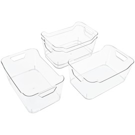 4 Pack Clear Storage Bins for Pantry Organization and Storage, Stackable Fridge Organizers with Built-in Handles, BPA Free Plastic Open Front Baskets for Kitchen Cabinet, Bathroom, Closet, and Toys