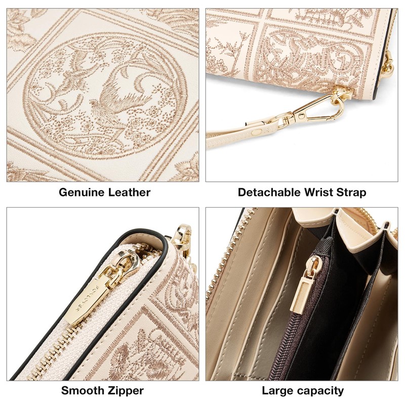 FOXLOVER Leather Wallets for Women RFID Blocking Zipper Wristlet Clutch