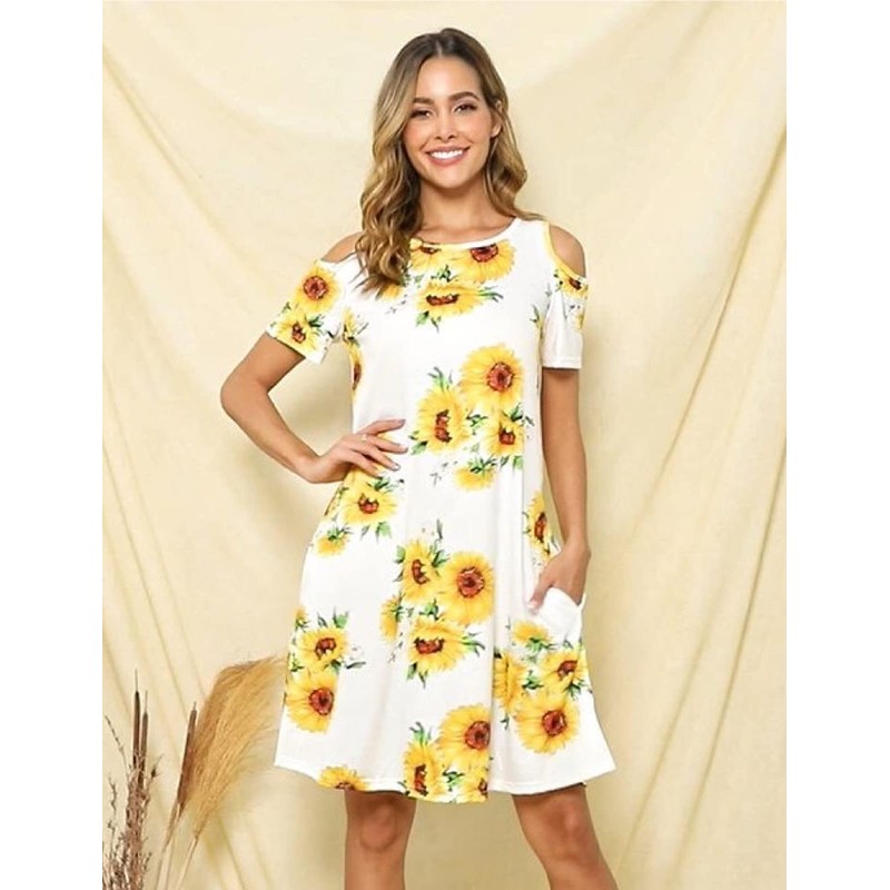 Misyula Dresses for Women Casual Summer,Cold Shoulder Floral Knee Length