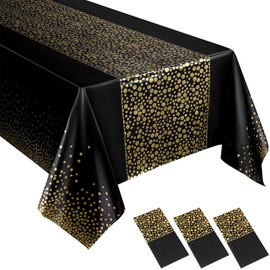 PHOGARY Black Gold Party Tablecloth, 3 Pack Disposable Plastic Table Cover 137x274cm Rectangular Waterproof for Black and Gold Parties Birthday Wedding Outdoor Table Decorations