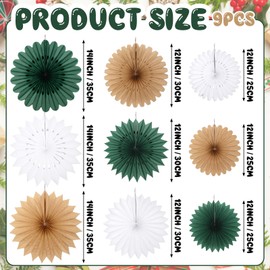 Resholder 9 Pcs Large Christmas Paper Fans Decorations Neutral Paper Hanging Ornament Paper Hanging Decorations for Winter Holiday Party Xmas Home Decorations 10/12/14 Inch(Brown Green White)
