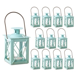 Kate Aspen Decorative Lanterns - Set of 12 - Luminous Metal Lantern Tealight Candle Holders for Wedding, Home Decor and Party - 4.5" H (6.5" H with Handle) – Blue