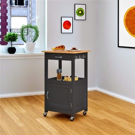 eHemco Kitchen Island Cart on Wheels with Drawer, Storage Cabinet, Shelf and Natural Solid Hardwood Top, Gray Base