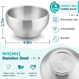 HaWare HaWare 6-Piece Kids Bowls, 12oz SUS304 Metal Bowl for Toddler Children, Small Baby Bowls for Feeding/Soup/Snacks, Multipurpose 18/8 Stainless Steel Cereal Bowls, Double Walled, Dishwasher Safe