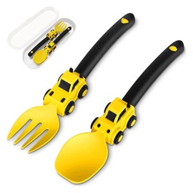 Construction Toddler Cutlery Set - Baby Fork and Spoon Set - Suitable for Kids Forks and Spoon - Baby Self Feeding Spoons, Portable Toddler Cutlery Set for 1 2 3 4 5 Year Old Toddlers - Yellow