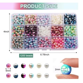 HIOQFR Pack of 1200 Beads for Threading Round Craft Beads Colourful Small Jewellery Beads for Bracelets 6 mm Acrylic Beads for Jewellery Making Pearls Gemstone Beads with Hole Threading Beads Wax