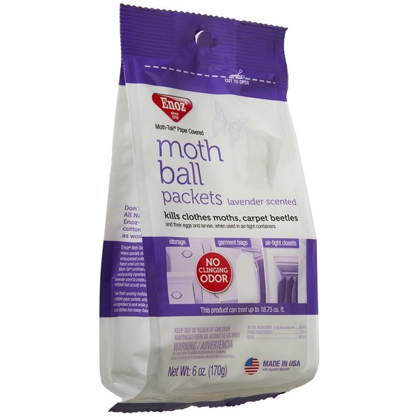 Enoz Moth-Tek Packets, Kills Clothes Moths and Carpet Beetles, Resealable Bag, Single Use Packets, Lavender Scent, 6 oz, Pack of 6