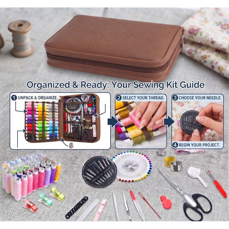 170-Piece Sewing Kit for Home Repairs – Portable Brown Storage