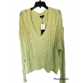 LINE Leah V-neck Cable Knit Sweater In 7003 Citron L LARGE NEW