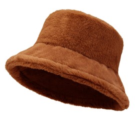 Women Plush Fluffy Bucket Hat Warm Lining Winter Faux Fur Cozy Wide Brim Winter (Rust)