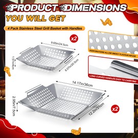 Mifoci 4 Pcs Grill Baskets for Outdoor Grill 14.17'' 9.65'' Extra Large Heavy Duty Stainless Steel Vegetable Grilling Basket with Handles for Veggies BBQ Accessories Smokers Camping Men Gifts, 2 Sizes