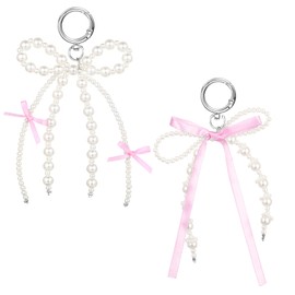 Teaaha 2PCS Pink Bow Keychain Pearl Bow Bag Charms Y2k Aesthetic Bowknot Keyring Sweet Purse Car Keys Charm Accessories for Women Girls