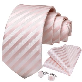 DiBanGu 63'' XL Extra Long Pink Striped Tie Set for Big and Tall Men,Silk Wedding Blush Pink Necktie & Pocket Square & Cufflinks Gift Box Classic