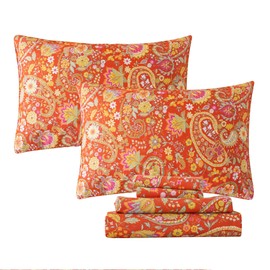 FADFAY Paisley Sheets Set Twin Bohemian Damask Paisley Bedding Luxurious Orange Boho Paisley Bed Sheet Set Breathable Cotton Ultra Soft 17.5'' Deep Pocket Fitted Sheet 4Pcs, Twin Size