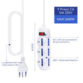 Aigostar Mehrfachsteckdose， Mehrzweck-Steckdosenleiste mit 9 Steckdosen， 250 V/3680 W， 1，5 m Kabel. Weiß.Italienisch
