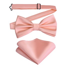 Branduce Mens Silk Rose Gold Bow Tie Pocket Square Set for Wedding Solid Plain Pre-tied Adjustable Tuxedo Bow tie and Handkerchief (BB01-24)