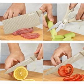 Kitchen Knife Set. 6-Pieces Luxury Wooden Coating, Light Wood Grain Handle, Stainless Steel Non-Stick Sharp Blade Chef Knife Set with Cylindrical Knife Block for Gift