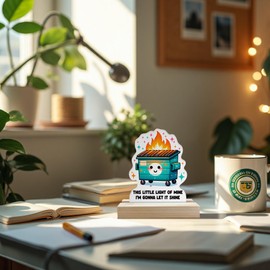 DEQSX This Little Light of Mine Dumpster Fire Sign Decor, Cute Funny Dumpster Fire Shaped Wooden Sign Plaque with Stand for Home Office Desk Table Shelf Decor, Funny Office Gifts for Women Men