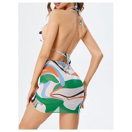 Milumia - Traje de baño triangular de 4 piezas para mujer, traje de baño con malla para cubrir la falda de playa y bandana, verde y anaranjado, Small