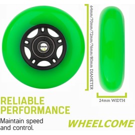 WHEELCOME Inline Skate Wheels with Bearings ABEC-9 and Floating Spacers for Blades Roller Hockey Skates, 85A Indoor & Outdoor, 64mm/70mm/72mm/76mm/80mm Dia, 4-Pack (Green, 80mm)