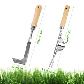 Lotvic Grout Scraper, 2 Pieces Stainless Steel Weeder with Root Weeder, Manual Weeder, Stainless Steel Manual Weeder Fork, Weeder with Wooden Handle, for Garden for Digging, Transplanting, Weeding