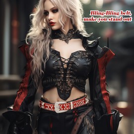 maikun Studded Rhinestone Belt Western Goth Belts for Women,Color Red, Length95cm